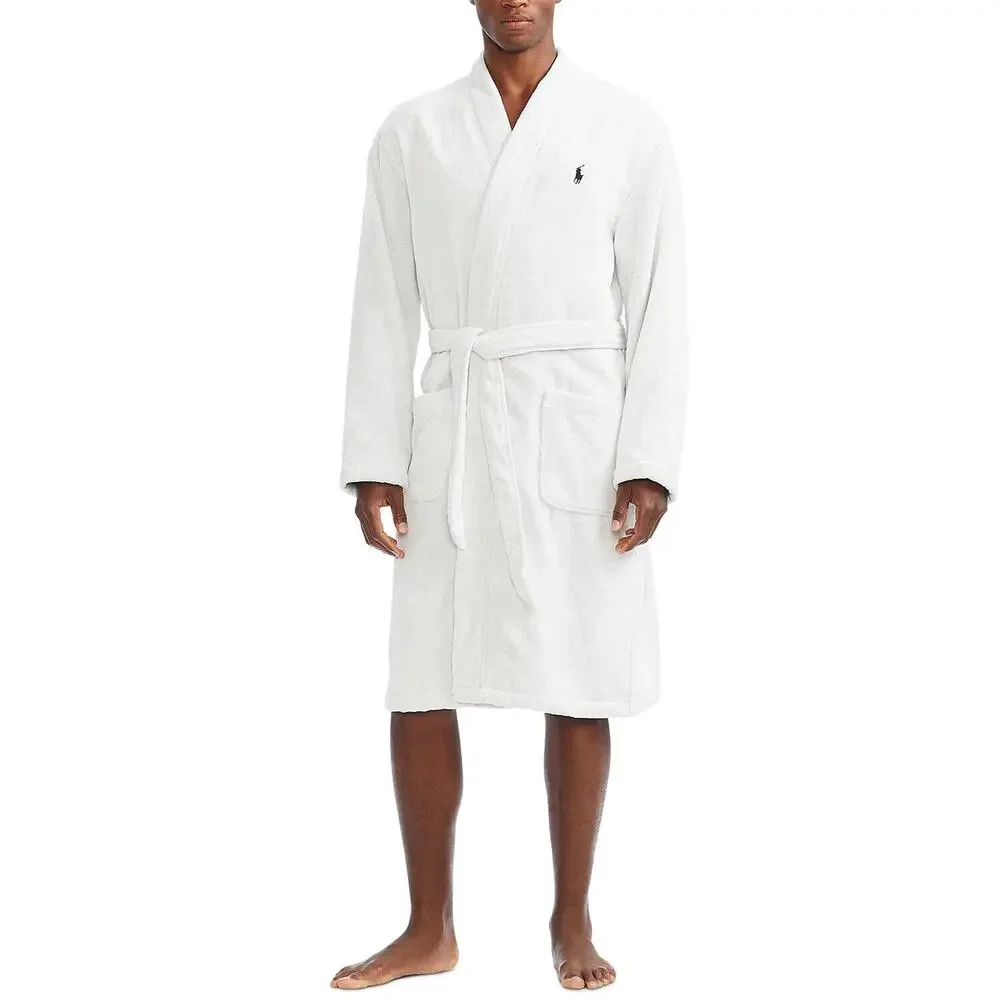 NWT RALPH LAUREN Large Polo Pony Plush Velour Bath Robe White‎ Gray $150